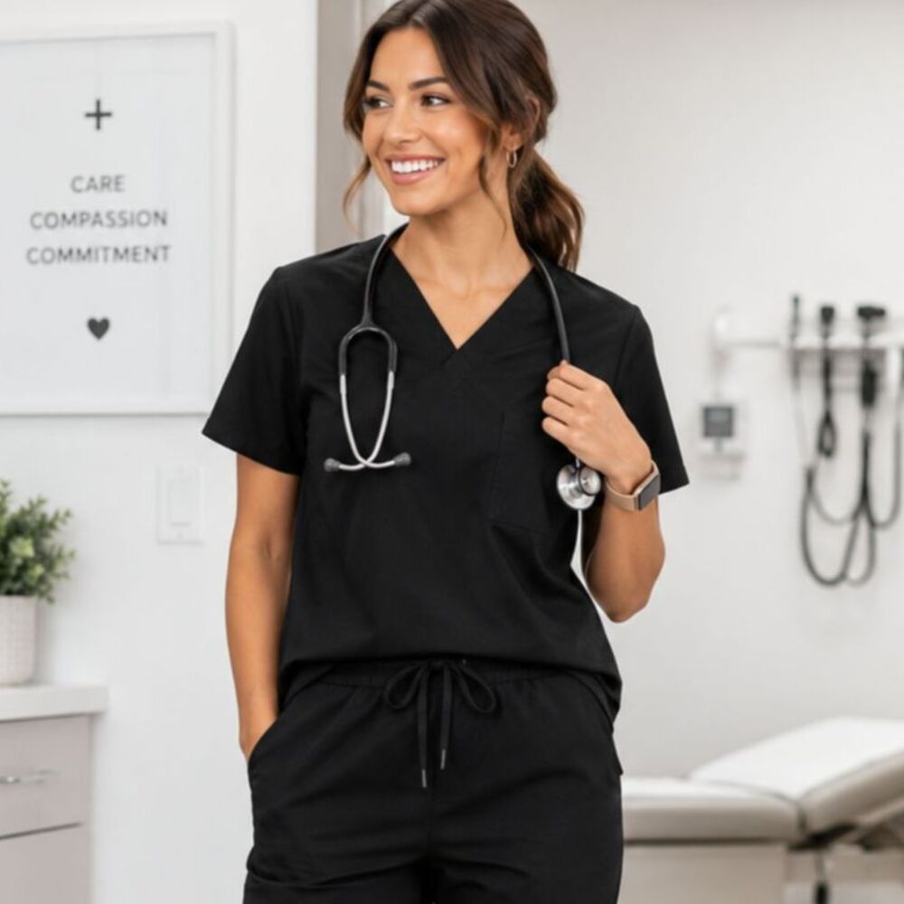 Harriton Black Scrub Top Medium Unisex V-Neck Medical Nurse Uniform